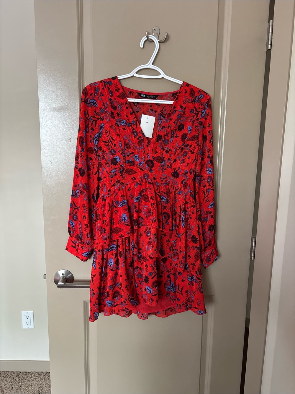 Zara- Red Floral V-Neck Tiered Mini Dress